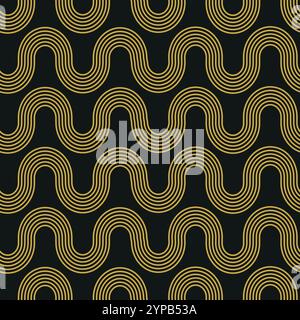 Art déco Golden Arch Swirl Lines nahtloses Muster auf schwarzem Hintergrund. Für Tapeten, Textilien und Wohnkultur Stock Vektor