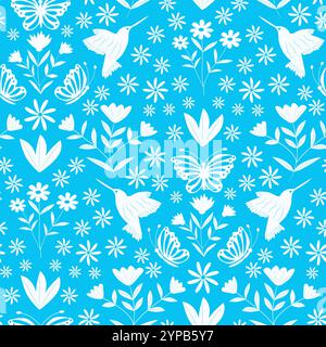 Weiße Blumen-Silhouette mit Vögeln und Schmetterlingen reflektiert nahtloses Muster auf blauem Hintergrund. Für Textilien, Stoff und Tapeten Stock Vektor