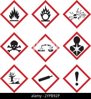 GHS-Warnpiktogramme Vektor. Kennzeichnung von Chemikalien. Explosiv, Entzündlich, Oxidierend, Komprimiert, Korrosiv, giftig, gesundheitsschädlich und EN Stock Vektor