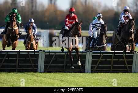 Newbury, Großbritannien. Freitag, 29. November 2024. Regent's Walk und Harry Cobden gewinnen die Play Coral „Racing-Super-Series“ für die kostenlose „National Hunt“ Maiden Hürde für Trainer Paul Nicholls und die Besitzer Ferguson, Mason, Hales, Hogarth und Smith. Credit JTW equine Images / Alamy Live News Stockfoto