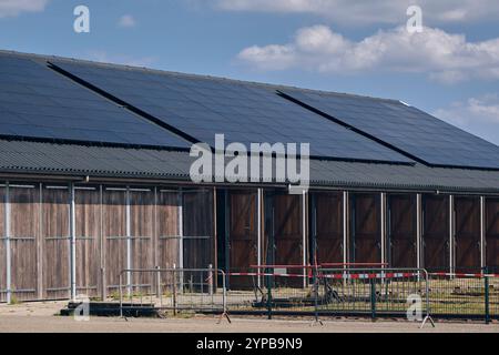 Große Anzahl von Solarpaneelen, die auf einem Dach eines Agrargebäudes installiert sind, fördern die Umstellung auf grüne Energie in den Niederlanden, eine Demonstration von Sustain Stockfoto