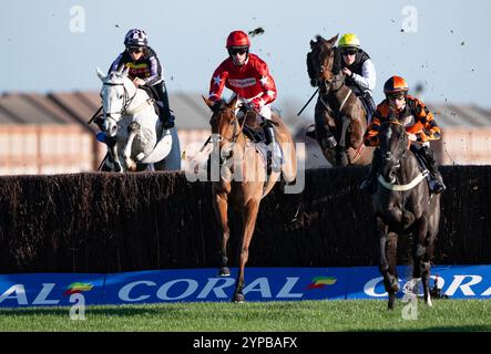 Newbury, Großbritannien. Freitag, 29. November 2024. Kalif du Berlais und Harry Cobden gewinnen den Coral Racing Club Novices Handicap Chase für Trainer Paul Nicholls und Besitzer Ferguson, Mason, Hales & Done. Credit JTW equine Images / Alamy Live News Stockfoto