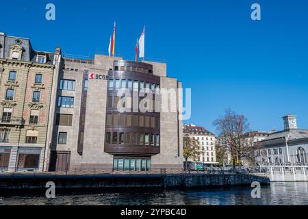 Außenansicht des Hauptsitzes der Banque Cantonale de Genève (BCGE), einer Schweizer öffentlichen Bank, die 1816 in Genf gegründet wurde Stockfoto