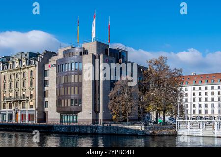 Außenansicht des Hauptsitzes der Banque Cantonale de Genève (BCGE), einer Schweizer öffentlichen Bank, die 1816 in Genf gegründet wurde Stockfoto