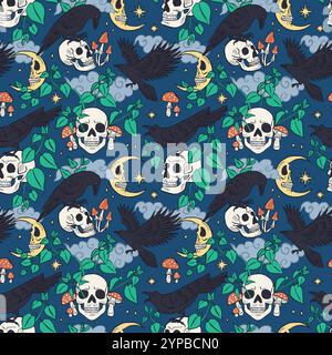 Nahtloses Muster mit handgezeichneten Tintenrabben oder Krähen, die auf menschlichen Schädeln sitzen Stock Vektor