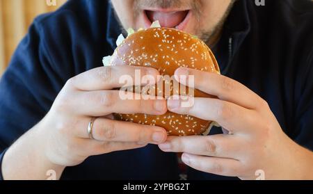 Hannover, Deutschland. November 2024. ILLUSTRATION - Ein Mann isst einen Burger Whopper in einem Restaurant der Fast-Food-Kette Burger King. Quelle: Julian Stratenschulte/dpa/Alamy Live News Stockfoto