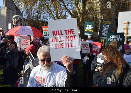 London, Großbritannien. November 2024. Während einer Demonstration vor dem parlament hält ein Demonstrationsplakat gegen das „Assisted Dying Bill“, während Parlamentsabgeordnete das historische Gesetz zur Legalisierung von „Assisted Dying Bill“ diskutieren und abstimmen. (Foto: Vuk Valcic/SOPA Images/SIPA USA) Credit: SIPA USA/Alamy Live News Stockfoto