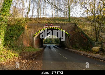 Warnschilder und Höhenbegrenzungszeichen über einem schmalen Straßentunnel unter einer Eisenbahnbrücke im Herbst Stockfoto