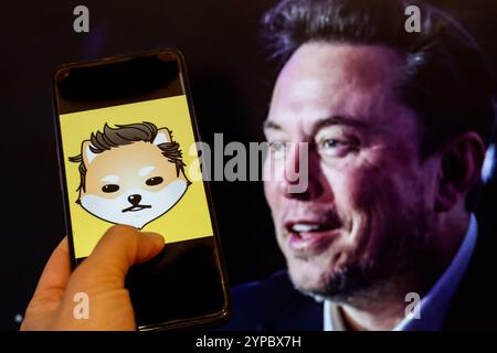 In dieser Abbildung ist das Dogelon Mars Logo auf einem Smartphone vor einem Computerbildschirm zu sehen, der ein Porträt von Elon Musk zeigt. Elon Musk, der Finanzberater des US-Präsidenten und der reichste Mann der Welt ist, unterstützt öffentlich das Dogelon-Projekt. Stockfoto