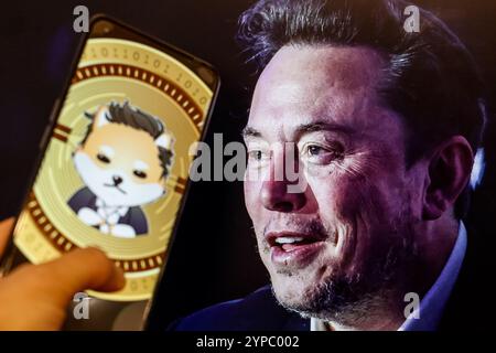 29. November 2024, London, Vereinigtes Königreich: In dieser Fotoabbildung wird das Dogelon Mars-Logo auf einem Smartphone vor einem Computerbildschirm mit einem Porträt von Elon Musk angezeigt. Elon Musk, der Finanzberater des US-Präsidenten und der reichste Mann der Welt ist, unterstützt öffentlich das Dogelon-Projekt. (Credit Image: © Dominika Zarzycka/SOPA images via ZUMA Press Wire) NUR REDAKTIONELLE VERWENDUNG! Nicht für kommerzielle ZWECKE! Stockfoto