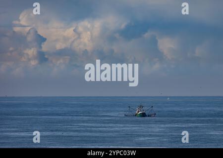 Ein Fräser mit angehobenen Schleppnetzen auf der Nordsee Stockfoto