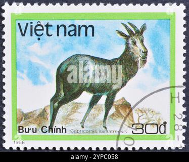 Gestempelte Briefmarke, gedruckt von Vietnam, die Festland Serow (Capricornis sumatraensis) zeigt, um 1988. Stockfoto