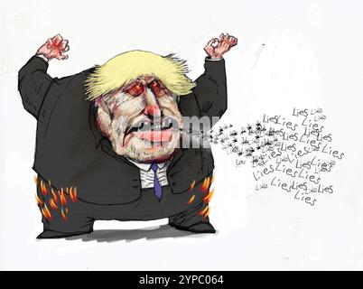 Kunstkarikatur, lustig, humorvoll, ehemaliger britischer Premierminister des Vereinigten Königreichs, Boris Johnson (Alexander Boris de Pfeffel Johnson), Autor, Abgeordneter Stockfoto