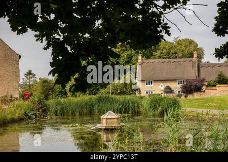 Großbritannien, England, Rutland, Barrowden, Dorfteich mit Entenhaus Stockfoto