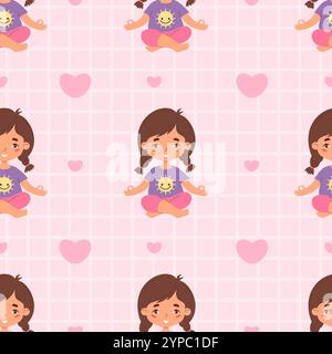 Yoga-Kinder mit nahtlosem Muster. Niedliches glückliches Mädchen Kind, das in Lotuspose auf rosa kariertem Hintergrund mit Herzen meditiert. Hobby, Sport, gesunder Lebensstil Stock Vektor