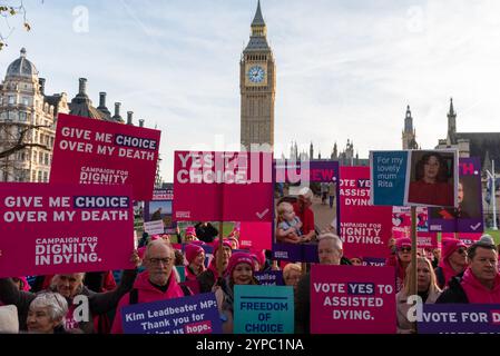 Unterstützer vor den Houses of Parliament während der End of Life Bill für unheilbar kranke Erwachsene, unterstützten den sterbenden Bill, zweite Lesung und Abstimmung. Würde im Sterben Stockfoto