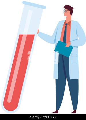 Wissenschaftler im Laborkittel, der ein Klemmbrett hält, präsentiert ein riesiges Reagenzglas mit einer roten Flüssigkeit, möglicherweise Blut, was auf medizinische Forschung oder Labor hindeutet Stock Vektor
