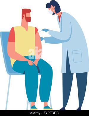 Arzt, der einen Patienten impfen kann, der auf einem Stuhl sitzt und Gesundheit und Prävention in Aktion zeigt. Die Szene betont die Bedeutung der Immunisierung f Stock Vektor