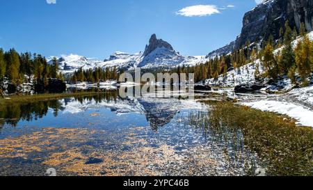 Der Lago Federa reflektiert die frische Winterluft, umgeben von orangenfarbenen Bäumen und den majestätischen Gipfeln des Dito di Dio, wodurch eine atemberaubende Kombination aus Colo entsteht Stockfoto