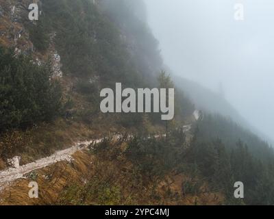 Ein ruhiger nebeliger Pfad, der sich durch die atemberaubenden Dolomiten schlängelt, umgeben von Nebel und Rätsel, perfekt für Abenteurer und Naturliebhaber Stockfoto