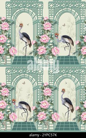 Nahtloses Muster mit Reihern, Pfingstrosen und Nische im Chinoiserie-Stil. Vektor. Stock Vektor