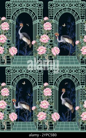 Nahtloses Muster mit Reihern, Pfingstrosen und Nische im Chinoiserie-Stil. Vektor. Stock Vektor
