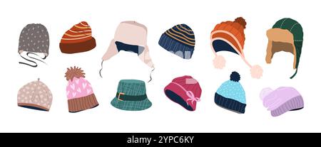 Winterhüte Set. Isolierte flache Abbildungen. Stock Vektor
