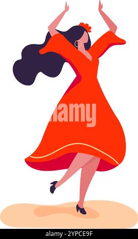 Energiegeladene Flamenco-Tänzerin in leuchtend rotem Kleid und Blume, anmutig bewegte Arme und klopfende Füße, die Leidenschaft und Kunstfertigkeit durch Traditiona zum Ausdruck bringen Stock Vektor
