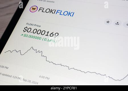 OSTRAVA, TSCHECHIEN - 28. SEPTEMBER 2024: Preistabelle der Floki-Kryptowährung auf LCD-Bildschirm Stockfoto