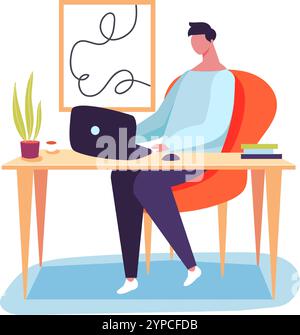 Junger Mann, der am Schreibtisch sitzt und mit einem Laptop arbeitet, von zu Hause aus arbeitet, einen komfortablen und produktiven Arbeitsplatz mit einer Tasse Kaffee und Büchern genießt Stock Vektor