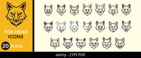 Fox Head-Symbol-Set. Kreative Zeichnung Emblem niedliche Vektor-Illustration. Zeichentrickfiguren mit Tieren und wildem Design im Foxy-Stil. Maskottchen Zoo Tiere und Einf Stock Vektor