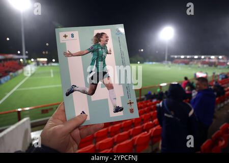 Ein allgemeiner Überblick über das Spieltag-Programm aus dem Boden vor dem ersten Leg der Qualifikationsrunde zur UEFA Women's Euro 2025 in Inver Park, Larne. Bilddatum: Freitag, 29. November 2024. Stockfoto