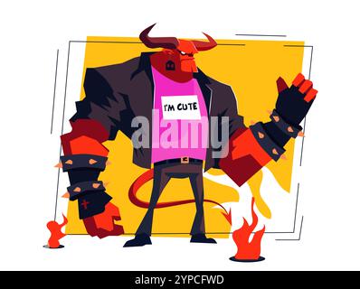 Roter Teufel mit niedlichem Hemd, Vektor-Illustration. Eine Zeichentrickfigur mit einem rosa T-Shirt. Eine Dämonenfigur mit roter Haut, Hörnern und Schwanz. Ausschneiden Stock Vektor