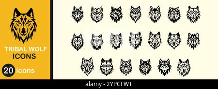 Tribal Wolf Symbol Set. Porträt Haustier schwarz Sammlung und Vektor Illustration Gesicht Säugetier. Natur-Style-Grafik und aggressiver Kraftgeist oder einheimische Mutter Stock Vektor