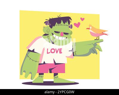 Vektor-Illustration eines Monsters mit rosa Shorts und weißem Hemd mit einem LIEBESTEXT darauf, der seine Hand vor Vögeln hält, die er lächelt. Ausschneiden Stock Vektor