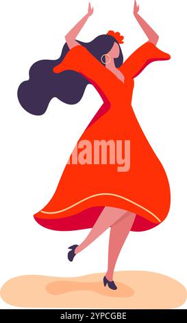Eine junge Frau mit langen dunklen Haaren tanzt Flamenco in einem leuchtend roten Kleid und zeigt die Energie und Leidenschaft dieser traditionellen spanischen Kunstform Stock Vektor