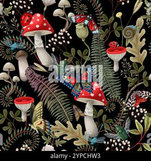 Nahtloses Muster mit verschiedenen Insekten und Pilzen. Vektor Stock Vektor