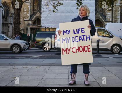 London, Großbritannien. November 2024. Aktivisten für und gegen die unterstützte Dying Bill-Kundgebung und Protest auf dem Parlamentsplatz und vor den Toren des Unterhauses vom frühen Morgen bis zur heutigen Abstimmung mit Spruchbändern, Plakaten und Schildern. Viele, die gekommen sind, sind persönlich vom möglichen Ergebnis des Gesetzes betroffen. Quelle: Imageplotter/Alamy Live News Stockfoto