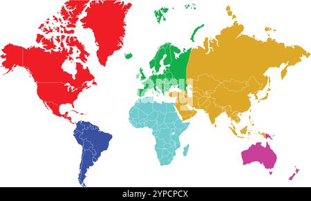 6 Kontinent in Weltkarte, Farbe Weltkarte, Geographische Karte, Landkarte, Kontinentalgrenze, Asien, Afrika, Europa, Nordamerika, Südamerika Stock Vektor