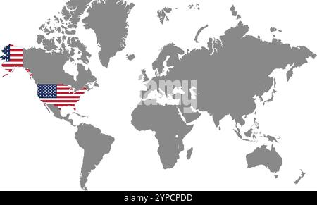 USA in Weltkarte, Weltkarte, geografische Karte, USA Karte, USA Grenzlinie, Asien, Afrika, Europa, Nordamerika, Südamerika, Australien Ozeanien Stock Vektor