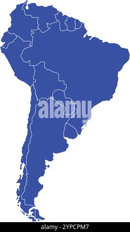 Südamerika-KARTE in Blau, Ländergrenze, Südamerika-Karte, Grenzlinie Südamerikas, geografische Karte Stock Vektor