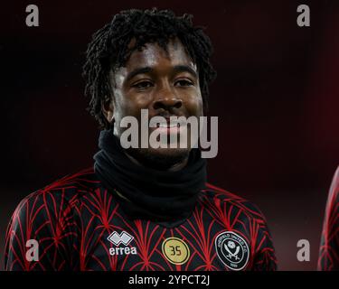 Andre Brooks von Sheffield United im Vorspiel während des Sky Bet Championship Matches Sheffield United vs Sunderland in der Bramall Lane, Sheffield, Großbritannien, 29. November 2024 (Foto: Alfie Cosgrove/News Images) Stockfoto