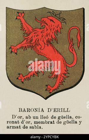 Baronien von Katalonien. Baronie von Erill (Baronia d'Erill), 10. Jahrhundert. Wappen. "Història de Catalunya" (Geschichte Kataloniens), von Antoni Aulèstia i Pijoan (1894-1918), kommentiert und fortgesetzt von Ernest Moliné i Brasés (1868-1940). Veröffentlicht in Barcelona, Centre Editorial Artístic de Miquel Seguí, 1922. Volumen I.. Stockfoto