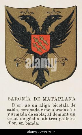 Baronien von Katalonien. Baronie Mataplana (Baronia de Mataplana), ca. 1350. Wappen. "Història de Catalunya" (Geschichte Kataloniens), von Antoni Aulèstia i Pijoan (1894-1918), kommentiert und fortgesetzt von Ernest Moliné i Brasés (1868-1940). Veröffentlicht in Barcelona, Centre Editorial Artístic de Miquel Seguí, 1922. Volumen I.. Stockfoto