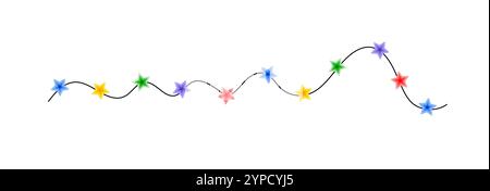 Weihnachten bunte mehrfarbige Lichter lockige String Girlande, Kritzelhand gezeichnete Vektor-Illustration, flaches Zeichentrick-Saisonbild für Winter Neujahr ho Stock Vektor