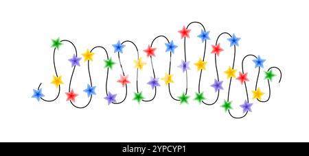 Weihnachten bunte mehrfarbige Lichter lockige String Girlande, Kritzelhand gezeichnete Vektor-Illustration, flaches Zeichentrick-Saisonbild für Winter Neujahr ho Stock Vektor