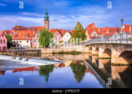 Lauf an der Pegnitz, Deutschland. Blick auf die Altstadt mit der Johanniskirche vor der Pegnitz - Mittelfranken, Bayern. Stockfoto