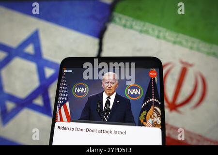 April 2024, Brasilien. In dieser Foto-Illustration, eine Live-Übertragung von Joe Biden, dem Präsidenten der Vereinigten Staaten, der über den Krieg zwischen den Vereinigten Staaten spricht Stockfoto