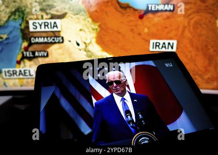 April 2024, Brasilien. In dieser Fotoabbildung spricht der Präsident der Vereinigten Staaten, Joe Biden, über den Krieg zwischen Iran und Isra Stockfoto