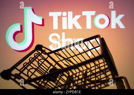 April 2024, Brasilien. In dieser Fotoabbildung wird das TikTok Shop-Logo auf einem Smartphone zusammen mit einem Einkaufswagen angezeigt Stockfoto